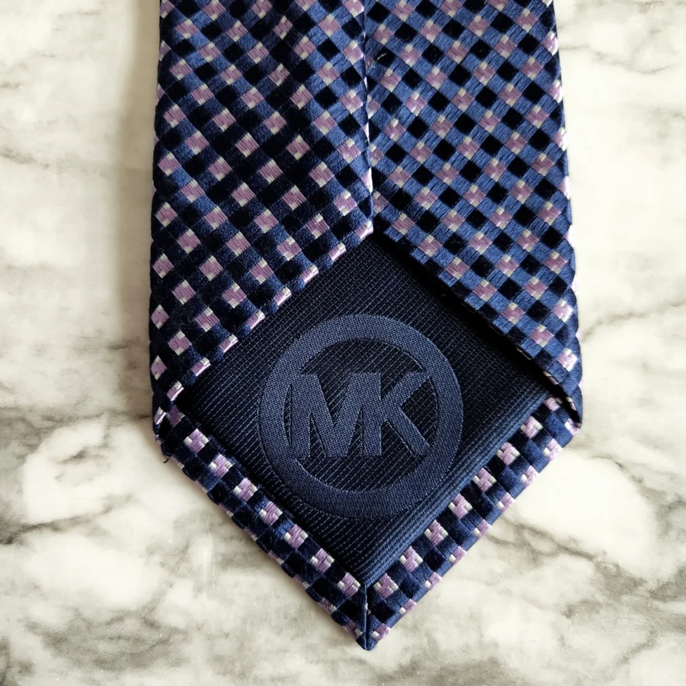 Michael Kors 100% Silk Navy & Purple Necktie With Gray Flecks